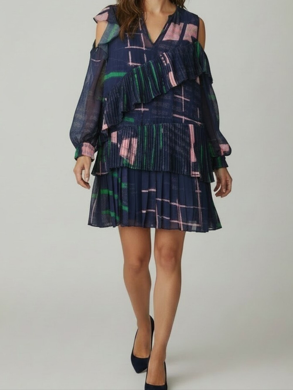 Three Floor Dresses Tiered Pleated Cold Shoulder Mini Dress